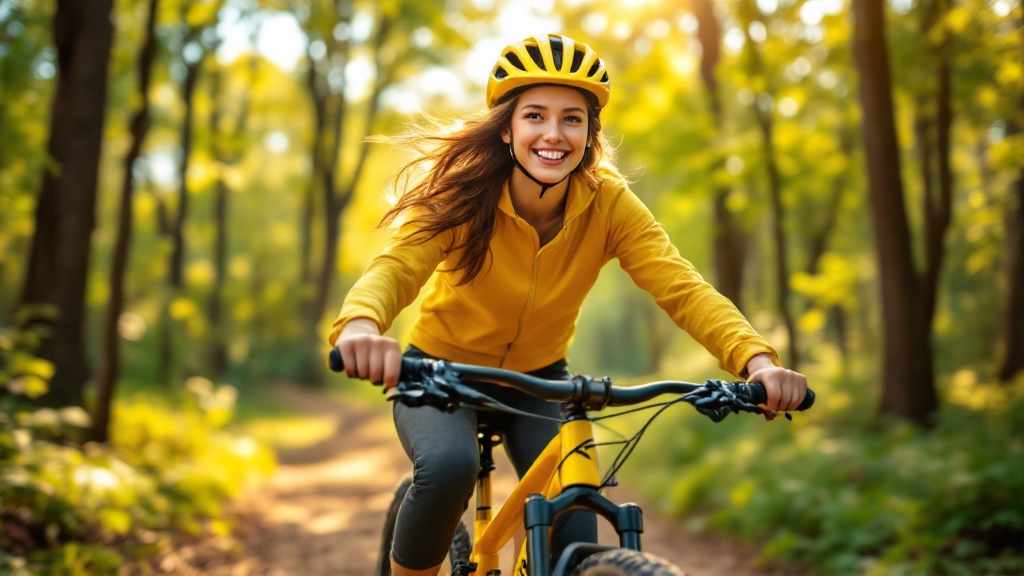 Счастливая девушка едет по солнечному лесу на жёлтом велосипеде VELODRUG.RU